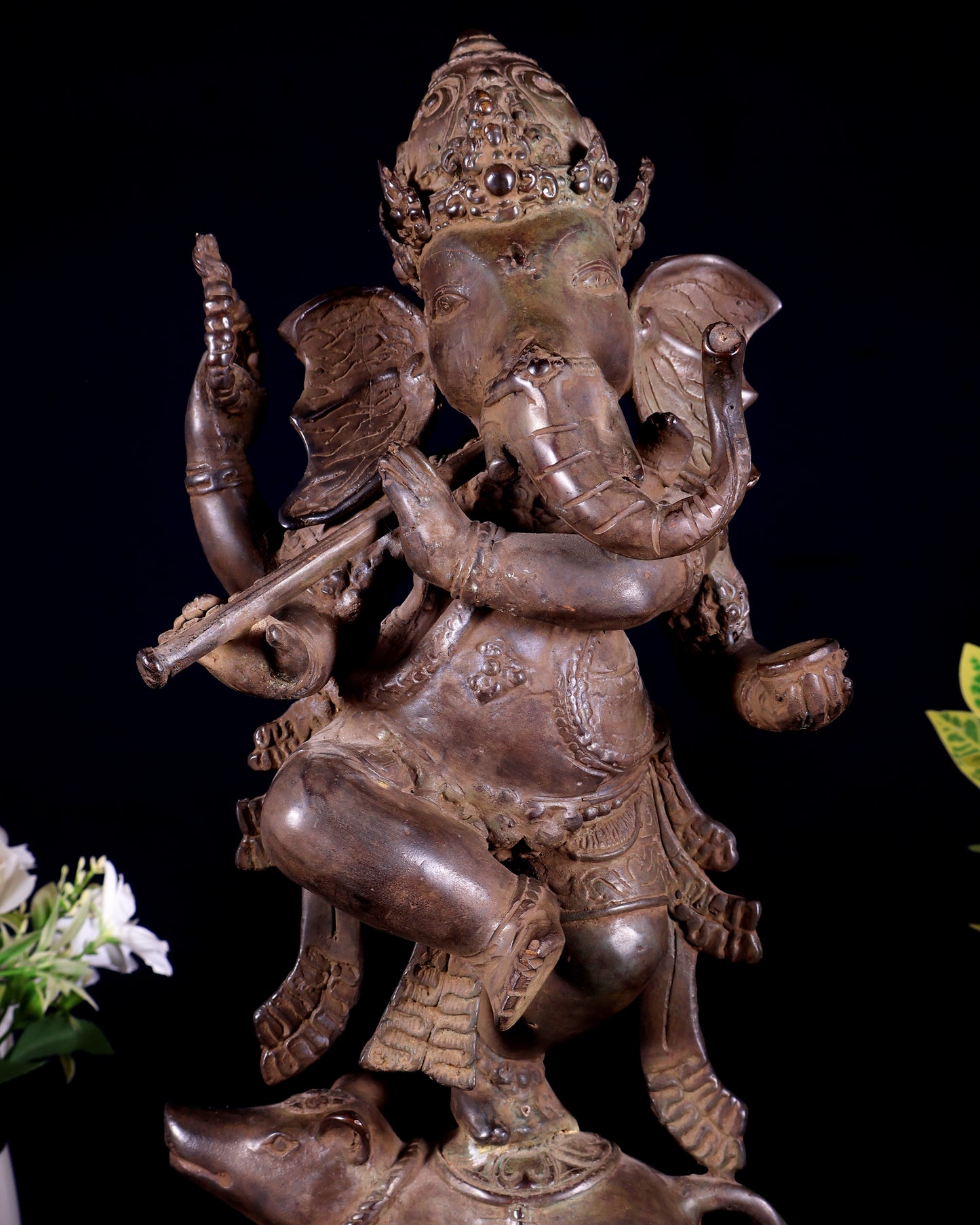 Bronze Dancing Ganesha Playing Flute Statue | Lost Wax Casting | 16.5"