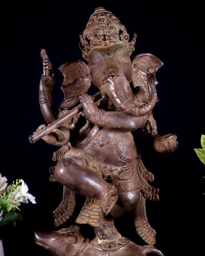 Bronze Dancing Ganesha Playing Flute Statue | Lost Wax Casting | 16.5"