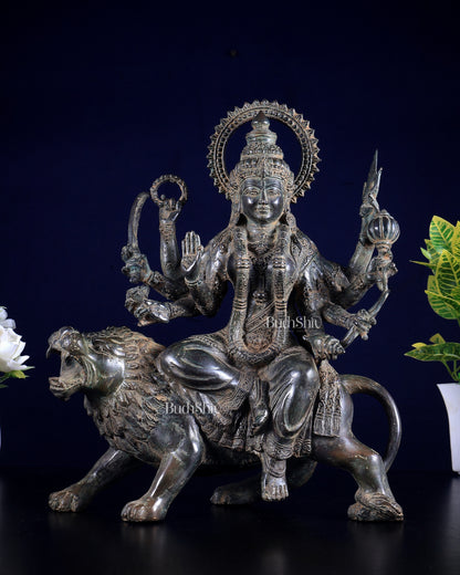 Bronze Goddess Durga on lion Sculpture 13.5"