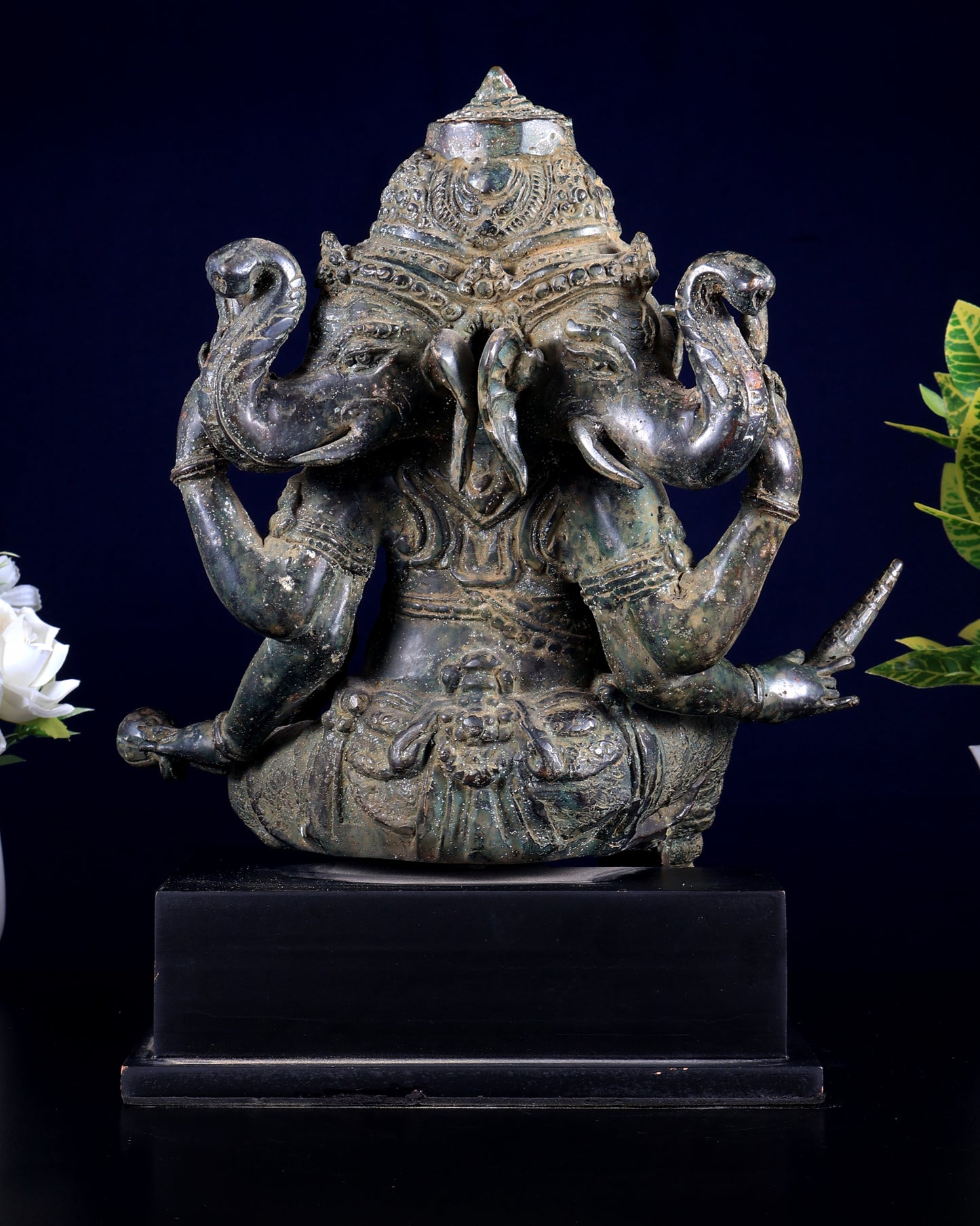 Vintage Indonesian Bronze Three-Faced Lord Ganesha Statue 12"