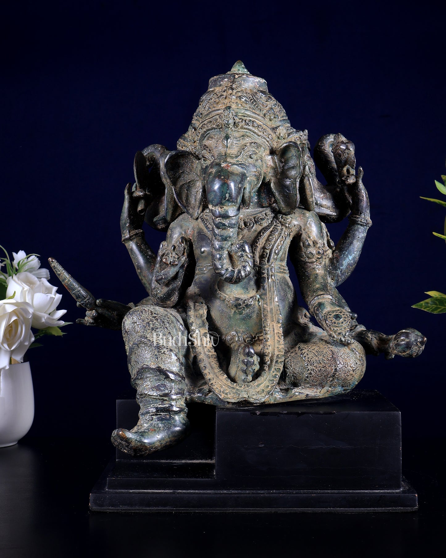 Vintage Indonesian Bronze Three-Faced Lord Ganesha Statue 12"