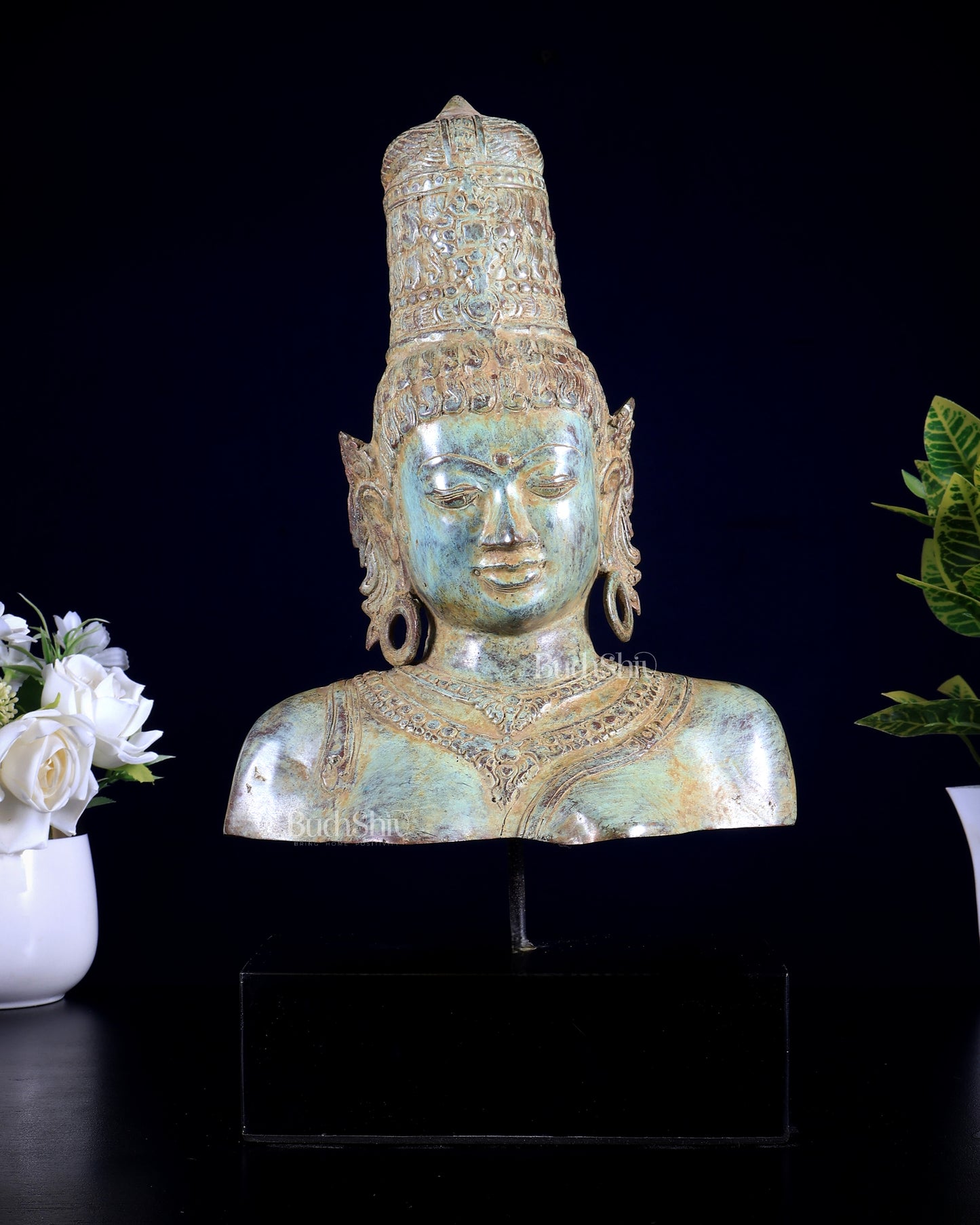 Bronze Parvati Face Bust Sculpture on Wooden Base | 14"