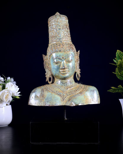 Bronze Parvati Face Bust Sculpture on Wooden Base | 14"