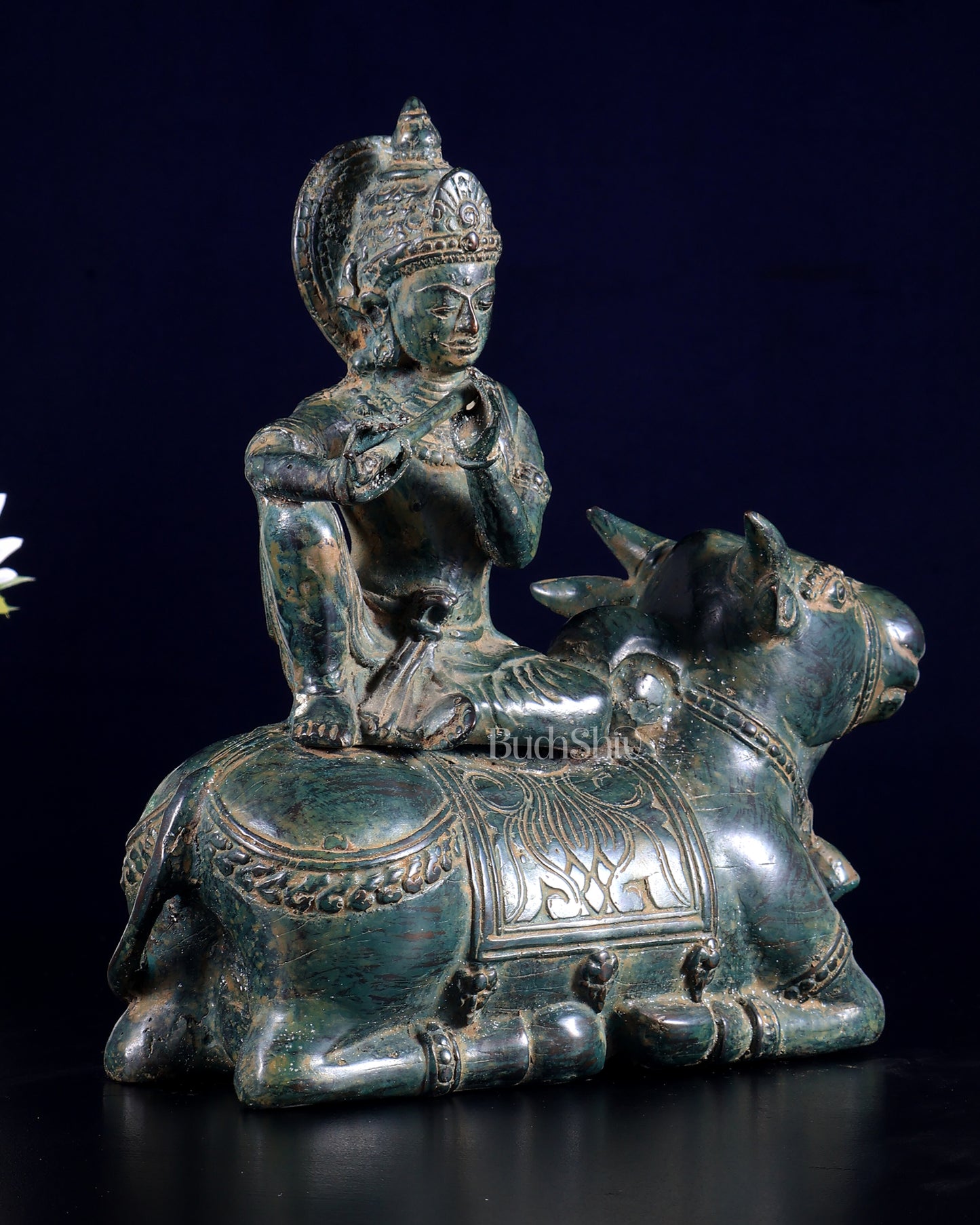 Bronze Lord Krishna Sitting on Cow Sculpture | Height: 9 inch