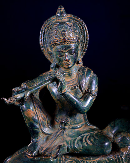 Bronze Lord Krishna Sitting on Cow Sculpture | Height: 9 inch