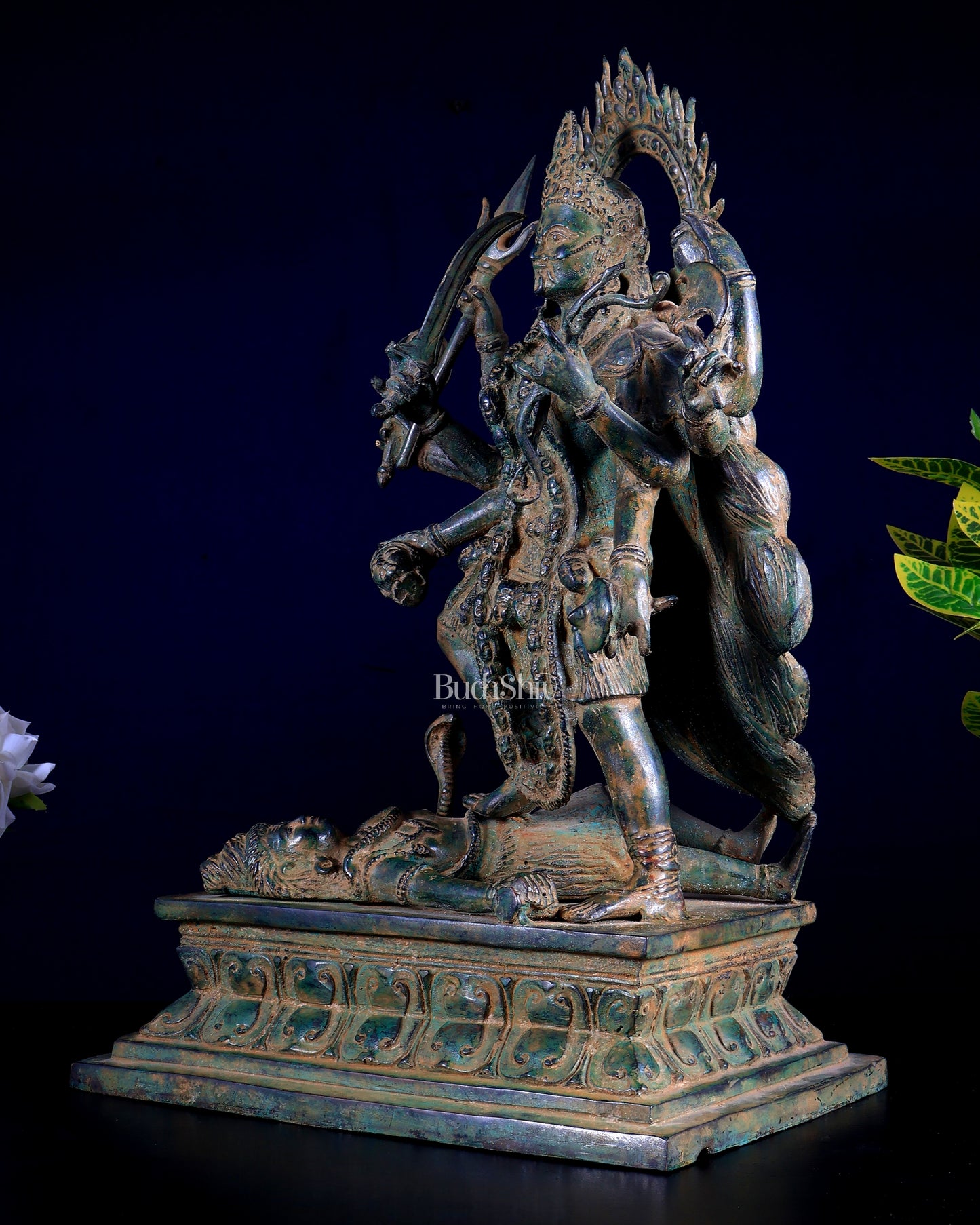 Bronze Kali with eight arms Standing on Shiva | Indonesian Sculpture – 15.5"