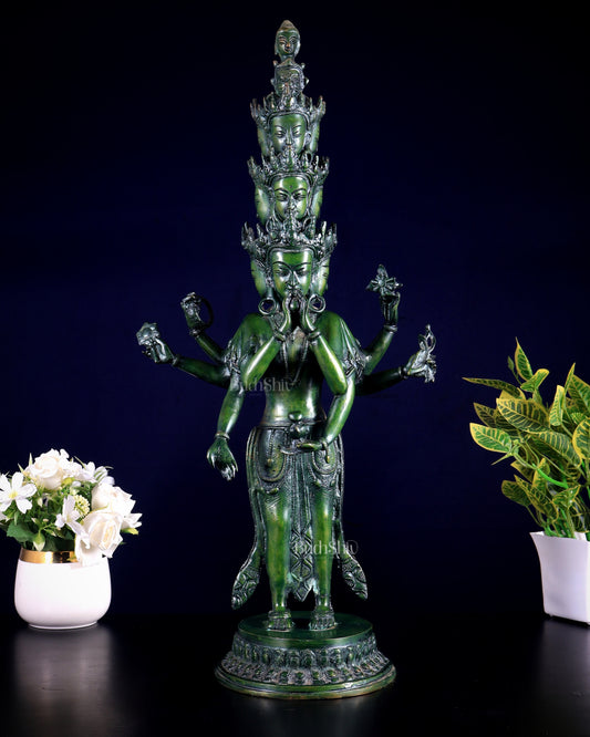 Avalokiteshvara Eleven-Headed Eight-Armed Statue in Brass – Antique Green Patina, 23.2"