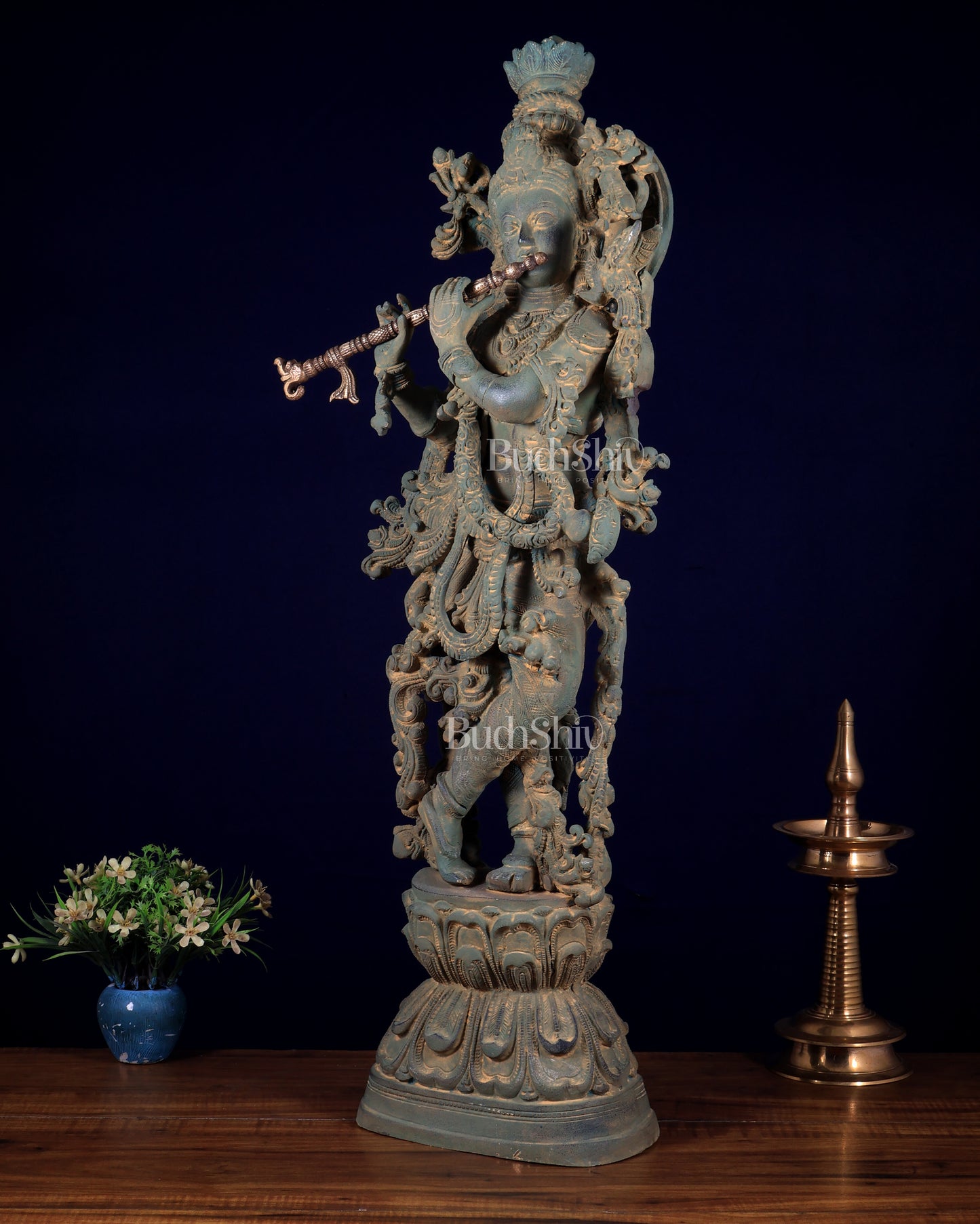 Vintage Krishna Brass Statue – Green Sand Patina Finish 30 inch