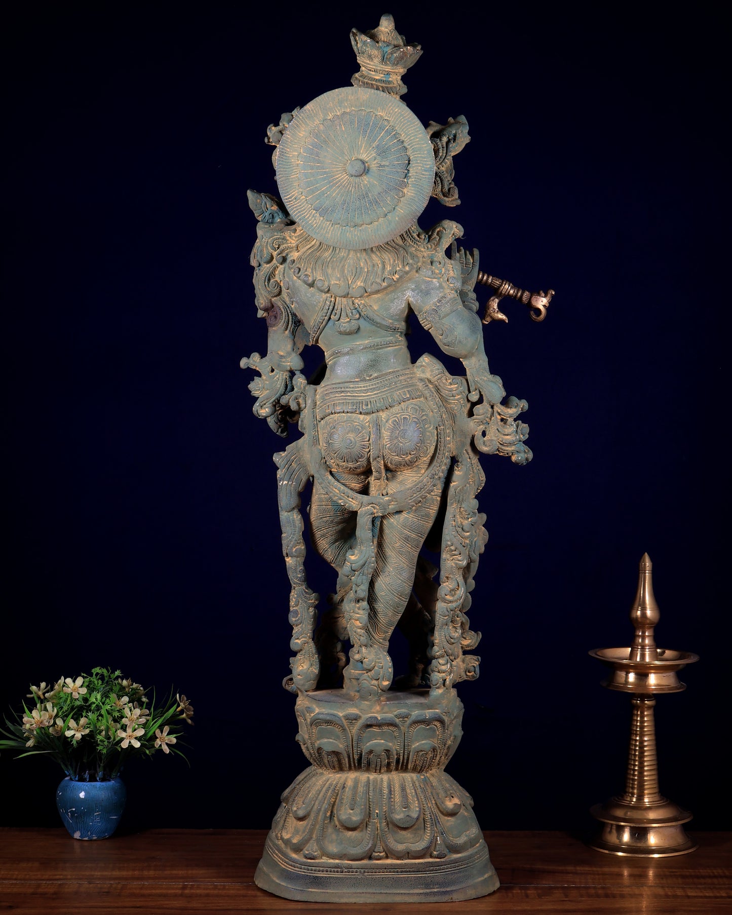 Vintage Krishna Brass Statue – Green Sand Patina Finish 30 inch