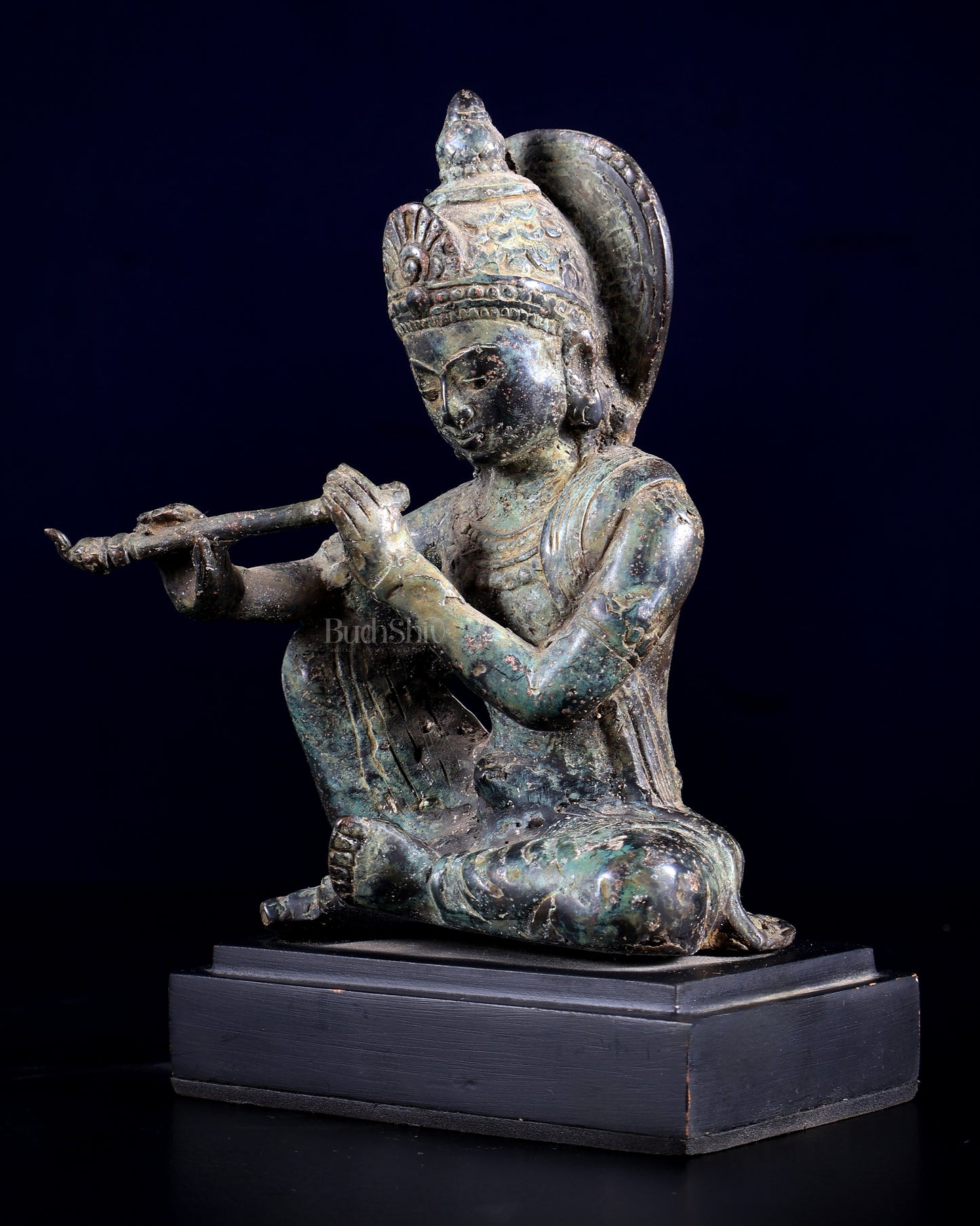 Balinese Bronze Krishna Playing the Flute – Seated on Wooden Base 6.7 inch