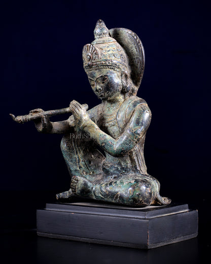 Balinese Bronze Krishna Playing the Flute – Seated on Wooden Base 6.7 inch