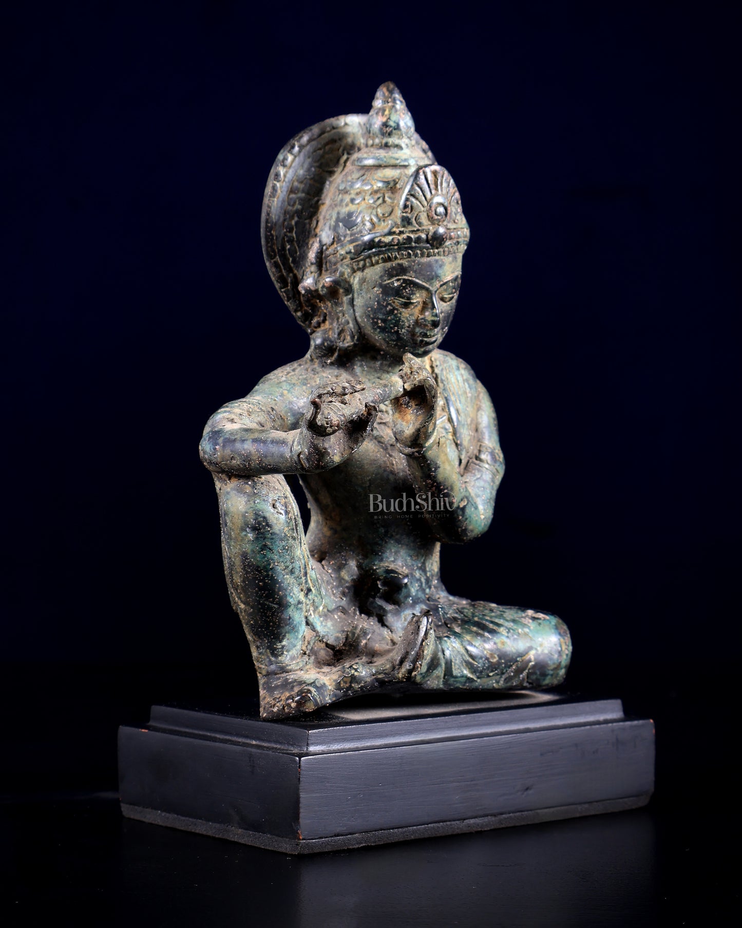Balinese Bronze Krishna Playing the Flute – Seated on Wooden Base 6.7 inch