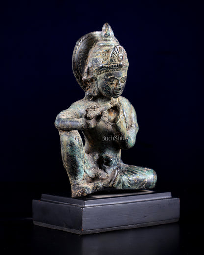 Balinese Bronze Krishna Playing the Flute – Seated on Wooden Base 6.7 inch