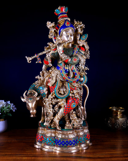 Brass Lord Krishna with cow Statue multicolour meenakari Stonework 26 inch