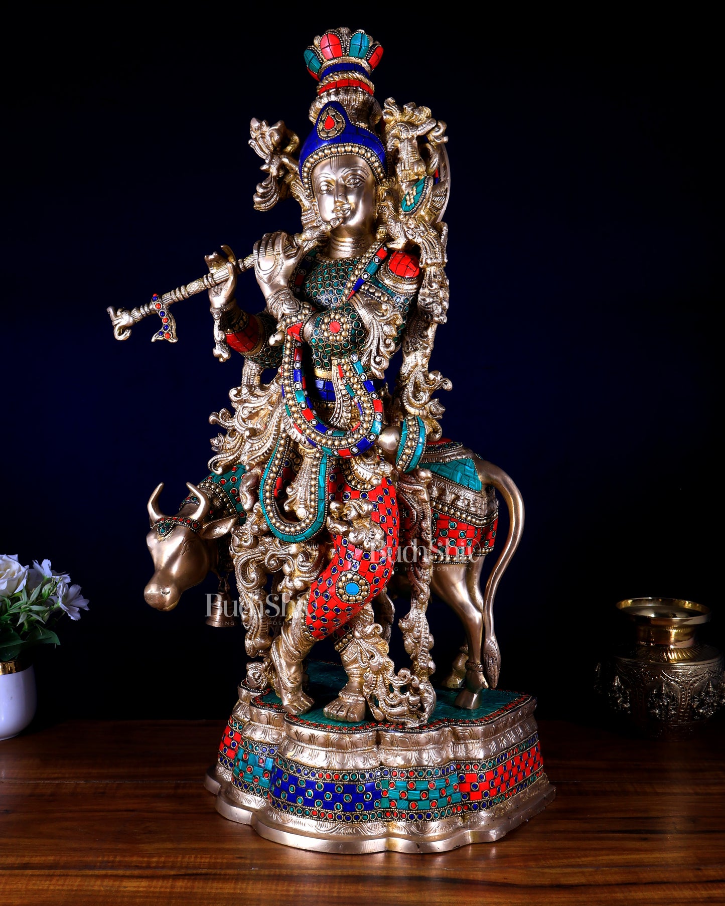 Brass Lord Krishna with cow Statue multicolour meenakari Stonework 26 inch