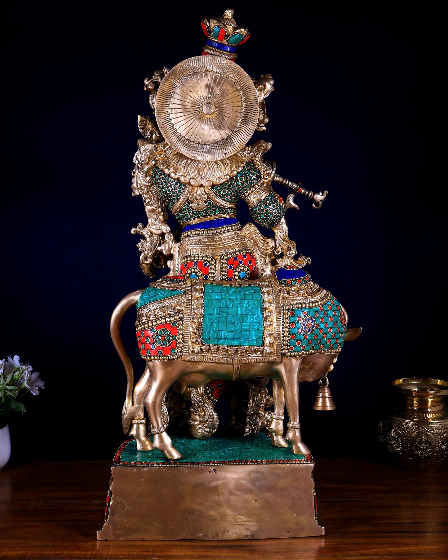 Brass Lord Krishna with cow Statue multicolour meenakari Stonework 26 inch
