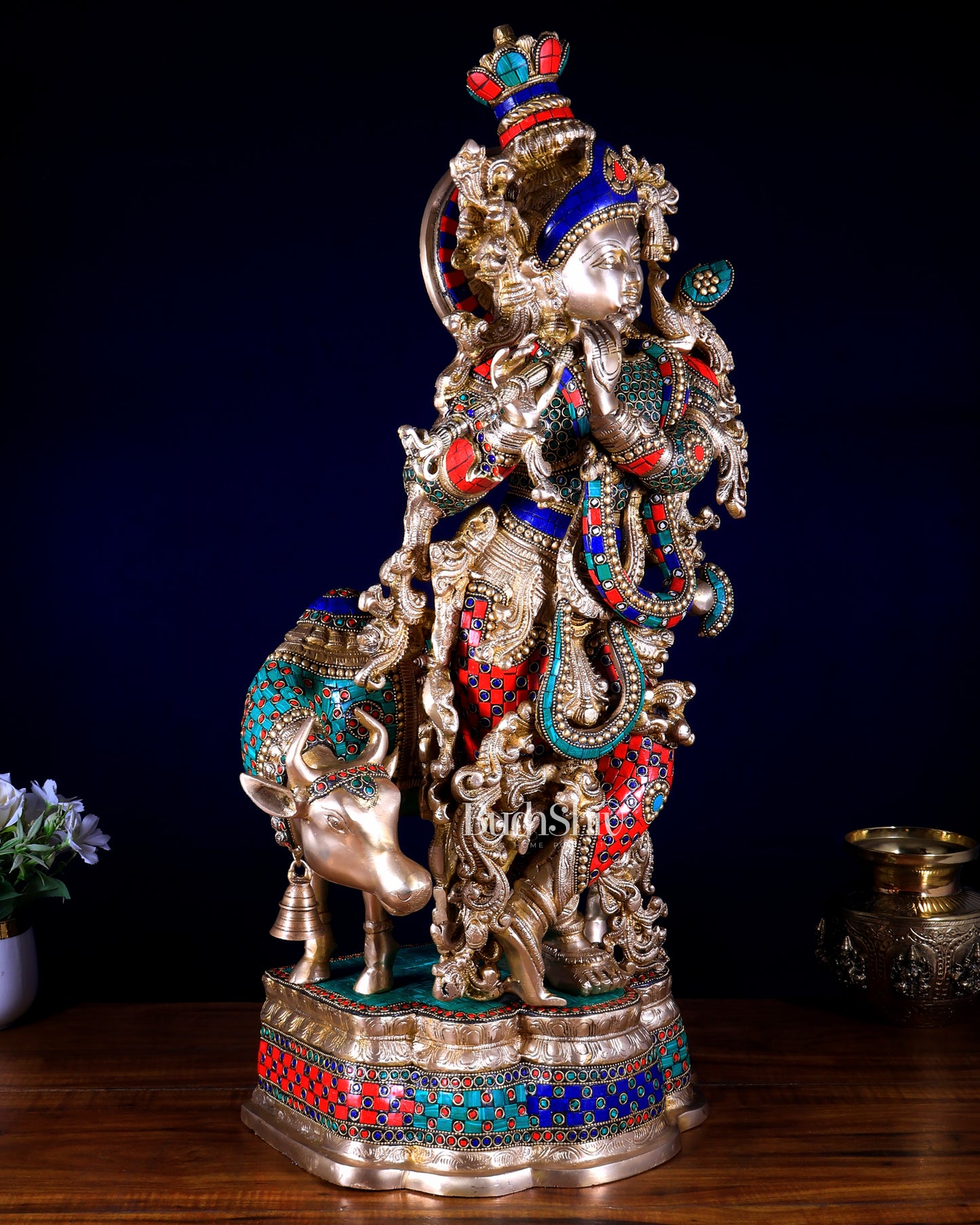 Brass Lord Krishna with cow Statue multicolour meenakari Stonework 26 inch