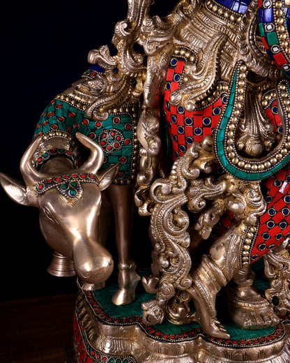 Brass Lord Krishna with cow Statue multicolour meenakari Stonework 26 inch