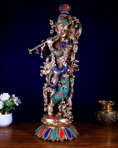 Brass Krishna Statue with Lotus Base | 27 Inch stonework