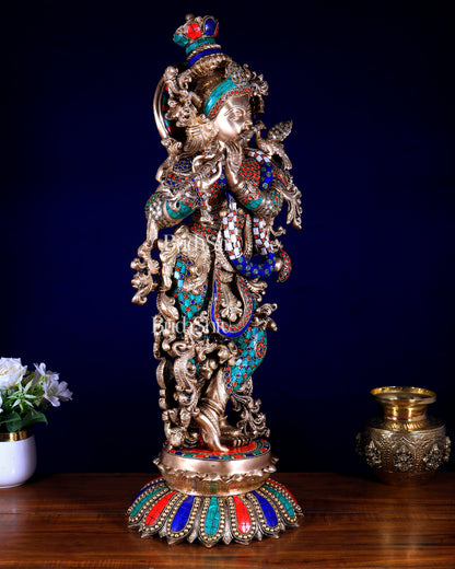 Brass Krishna Statue with Lotus Base | 27 Inch stonework