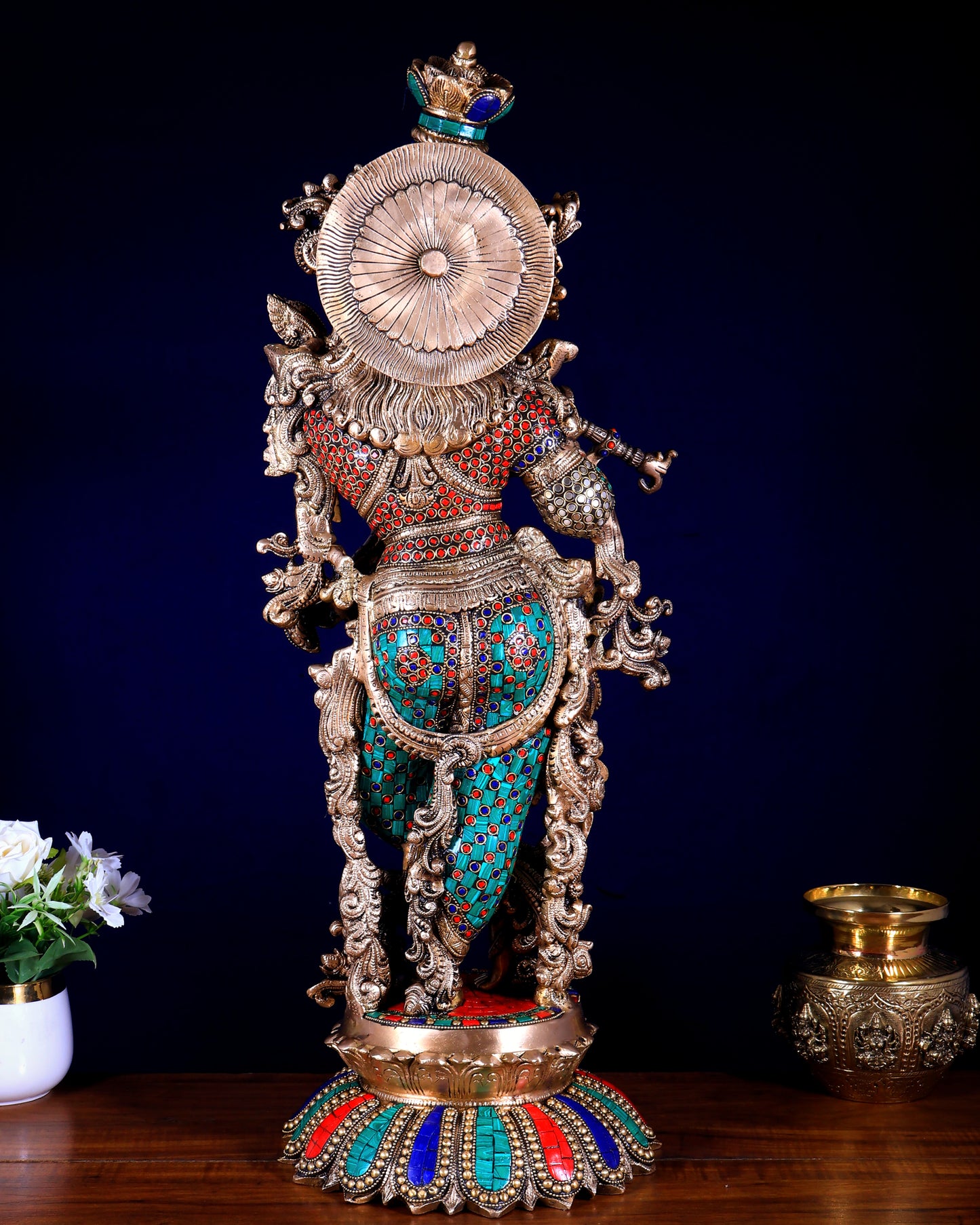 Brass Krishna Statue with Lotus Base | 27 Inch stonework