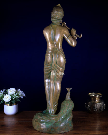 Vintage Brass Lord Krishna with peacock simple and sleek Idol 29 inch
