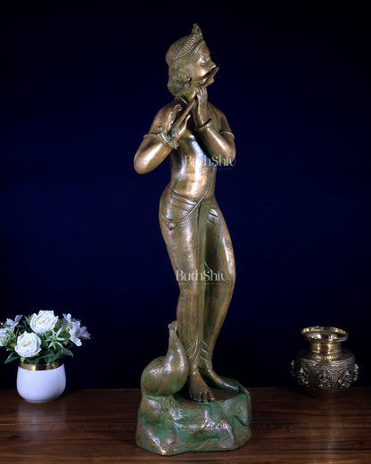 Vintage Brass Lord Krishna with peacock simple and sleek Idol 29 inch