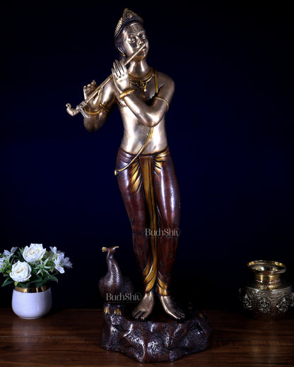 Brass Lord Krishna with peacock simple and sleek Idol 29 inch