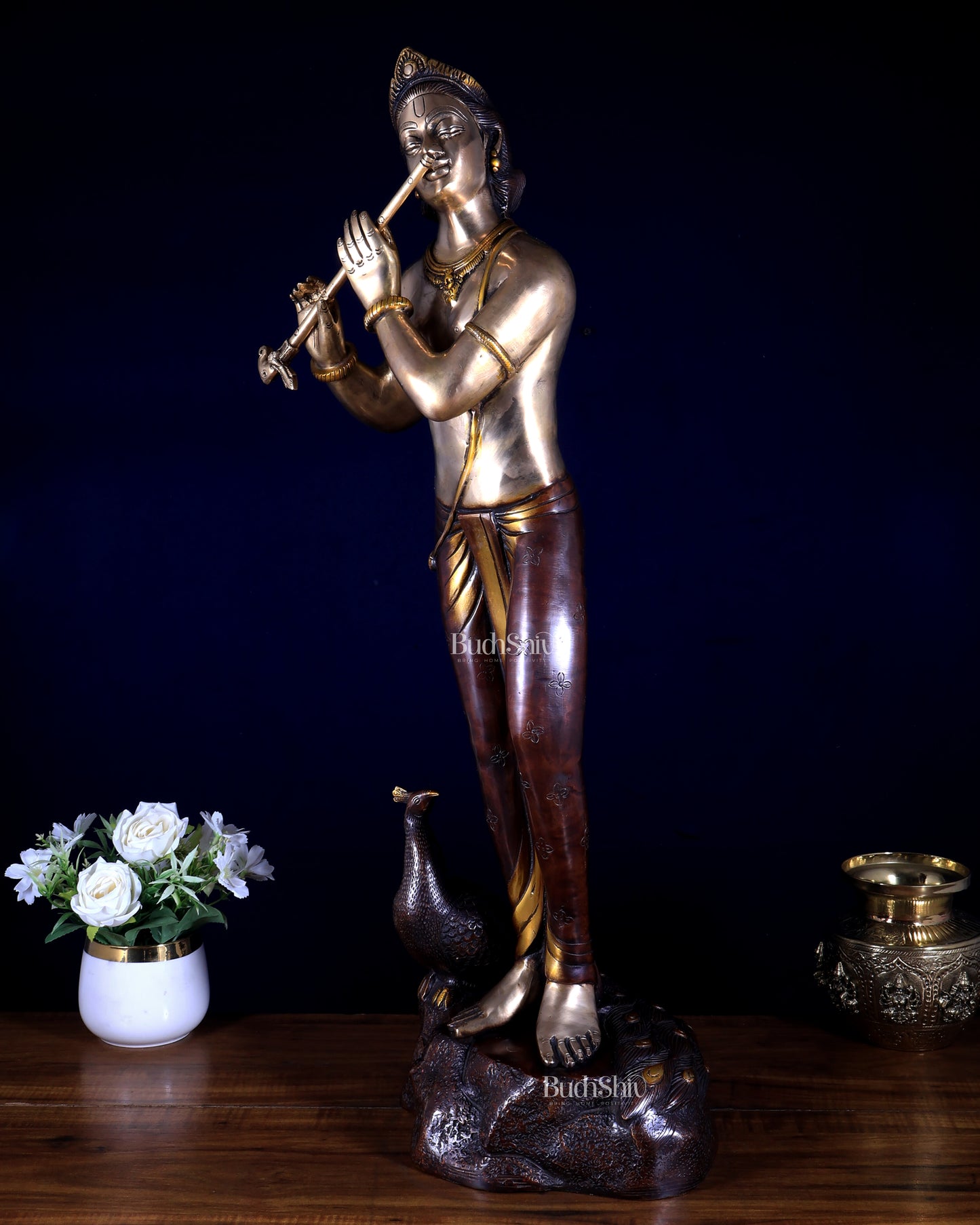 Brass Lord Krishna with peacock simple and sleek Idol 29 inch