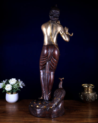 Brass Lord Krishna with peacock simple and sleek Idol 29 inch