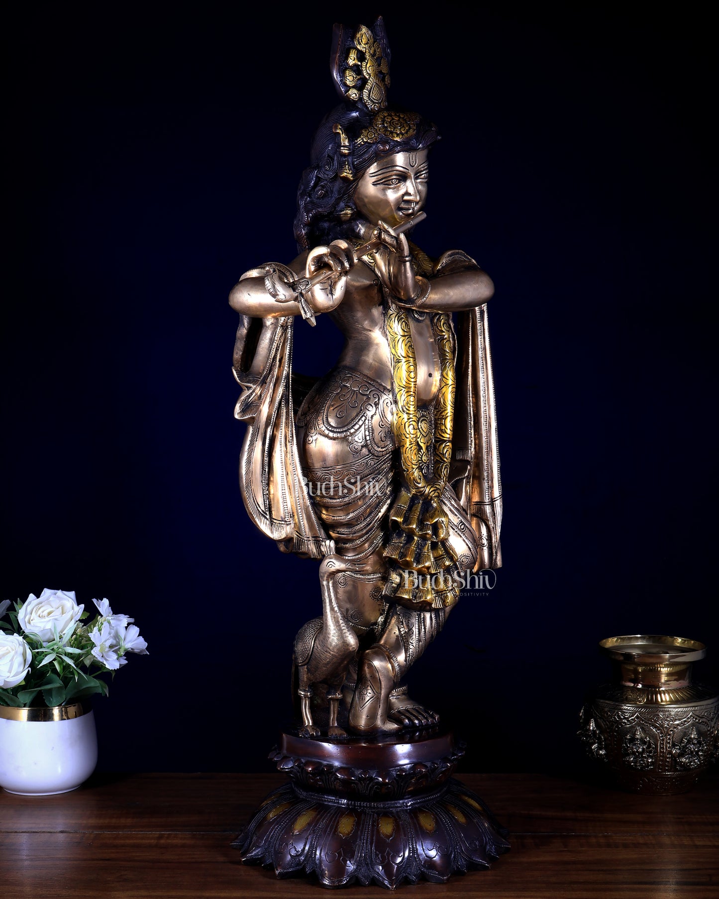 Pure Brass Krishna statue smiling face three tone finish 27 inch