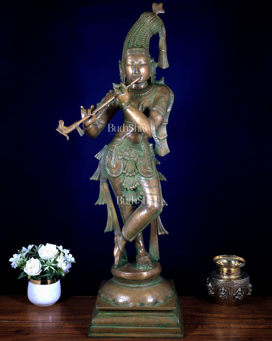 Vintage Brass Krishna statue unique crown 36 inch