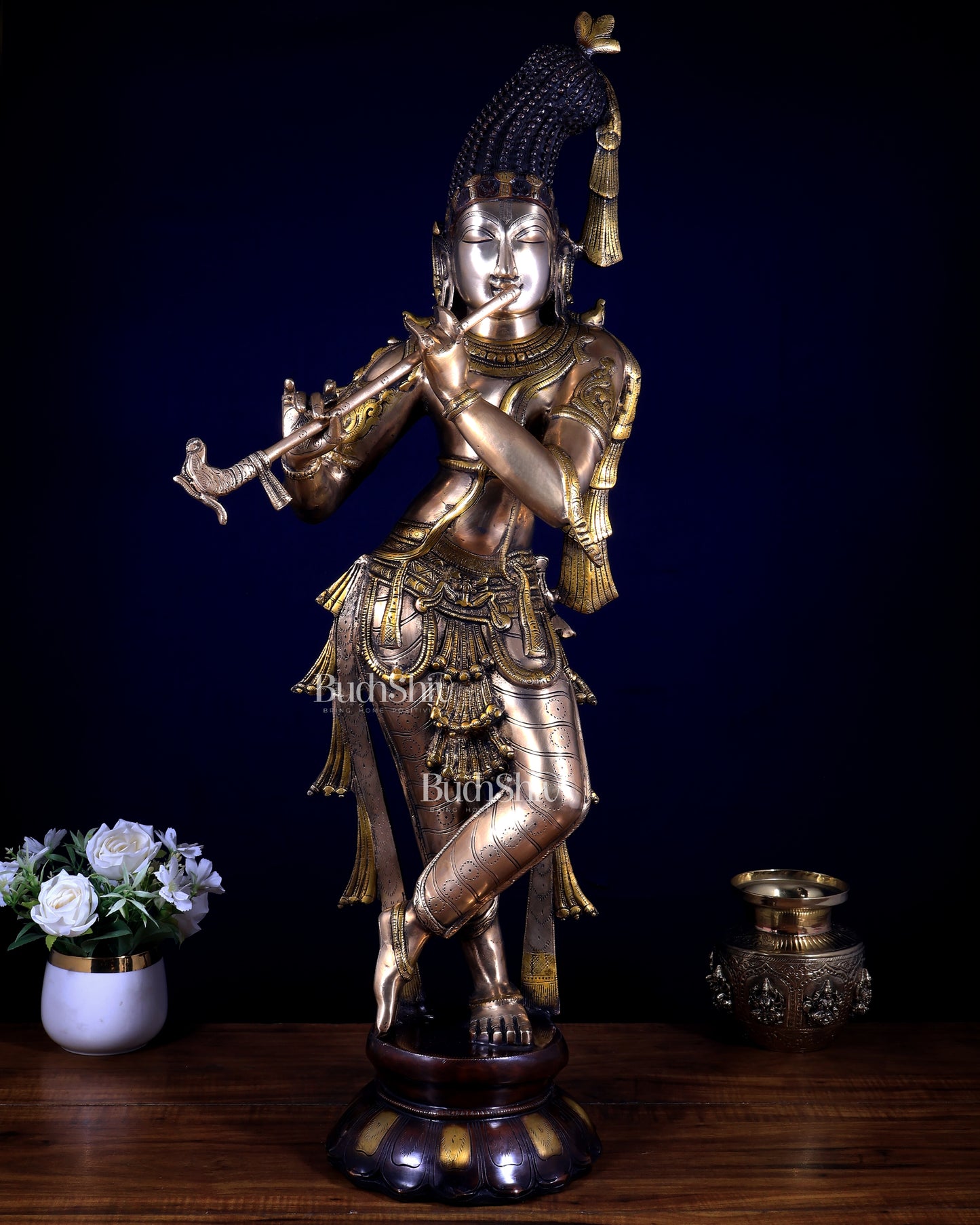 Pure Brass Kerala-Style Krishna Statue with Unique Crown – Three-Tone Finish 32 Inch
