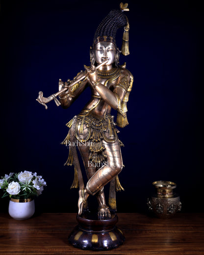Pure Brass Kerala-Style Krishna Statue with Unique Crown – Three-Tone Finish 32 Inch
