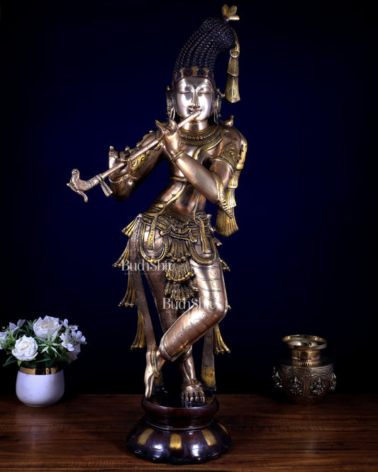 Pure Brass Kerala-Style Krishna Statue with Unique Crown – Three-Tone Finish 32 Inch