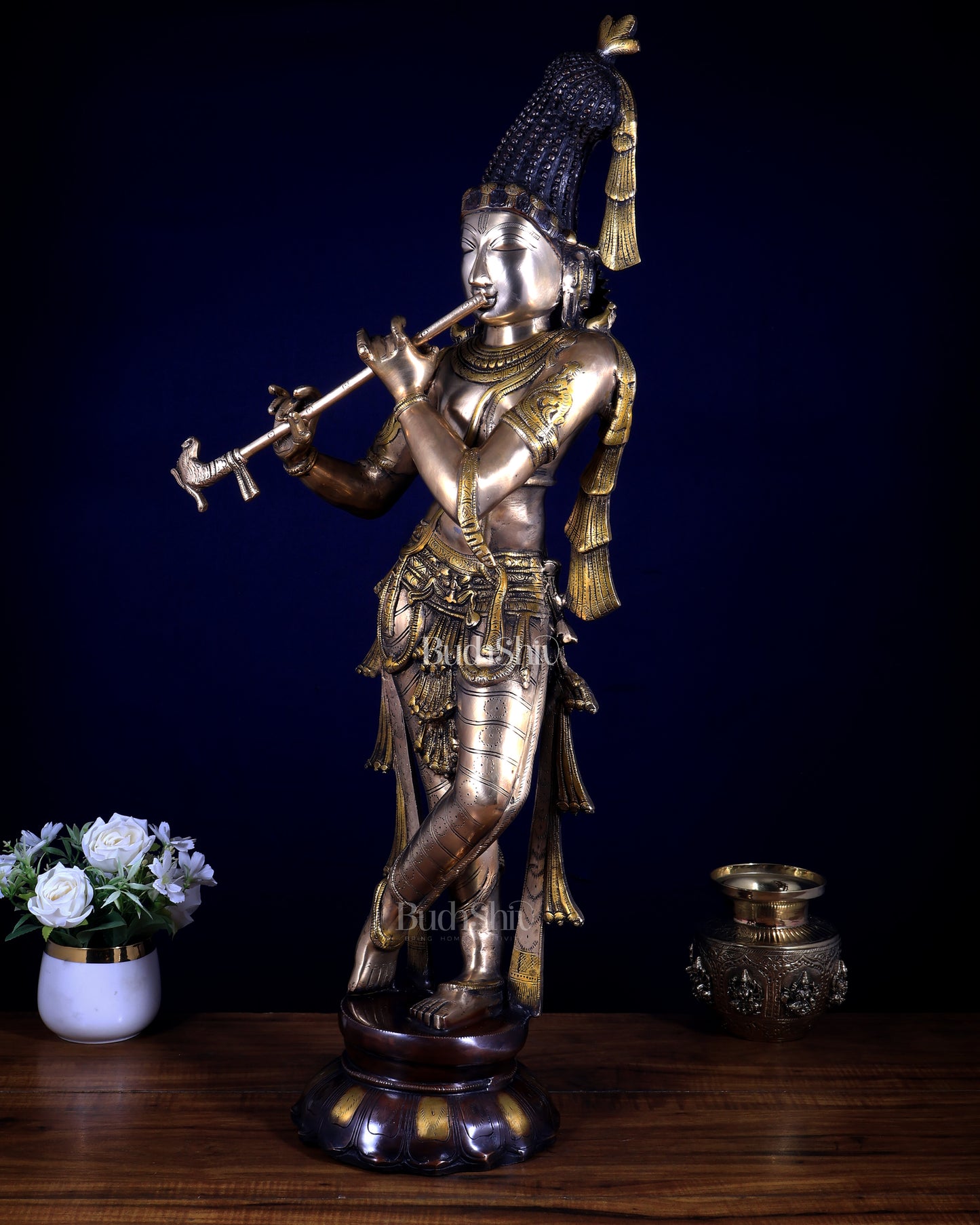 Pure Brass Kerala-Style Krishna Statue with Unique Crown – Three-Tone Finish 32 Inch