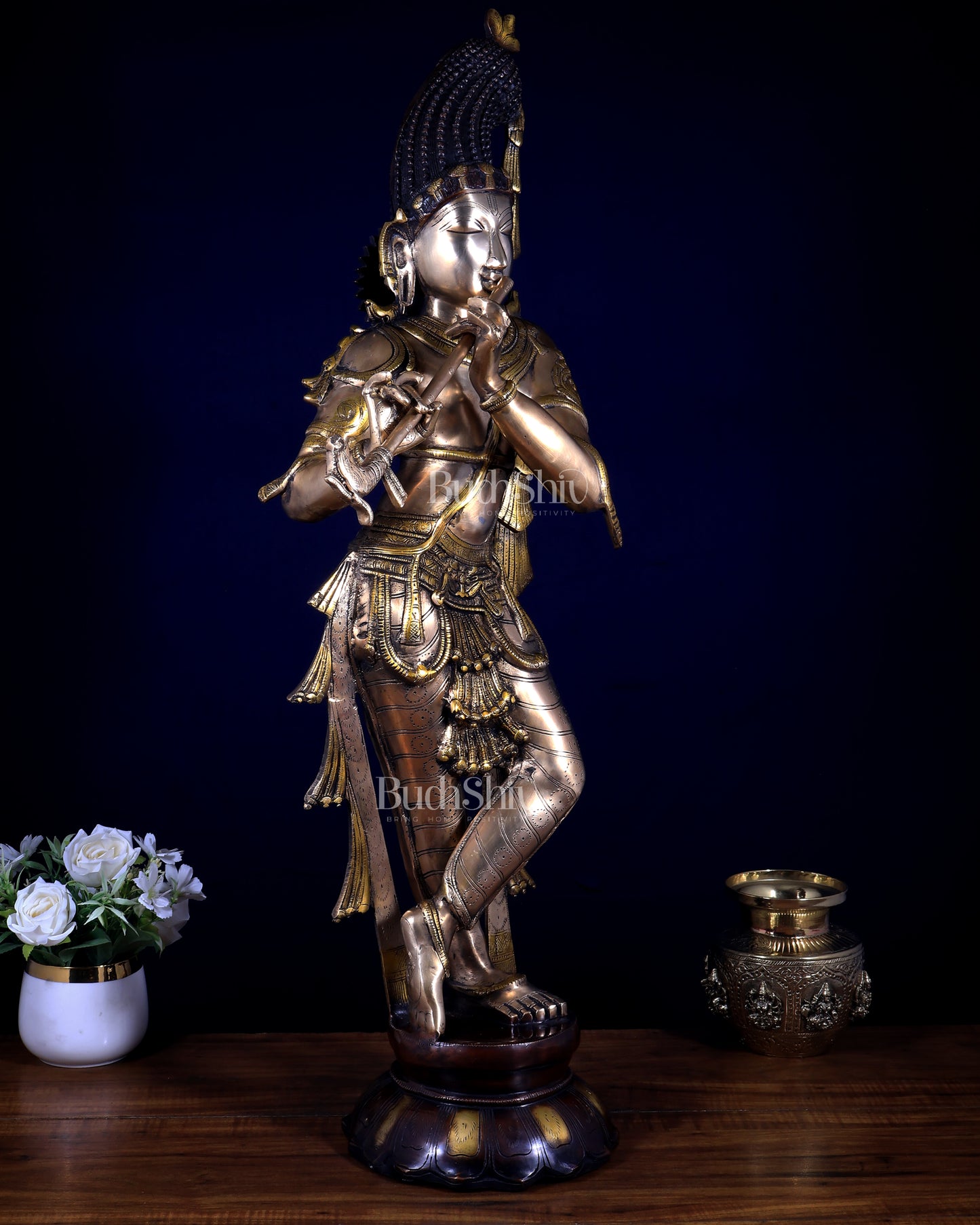 Pure Brass Kerala-Style Krishna Statue with Unique Crown – Three-Tone Finish 32 Inch