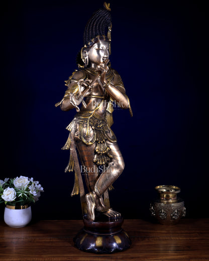 Pure Brass Kerala-Style Krishna Statue with Unique Crown – Three-Tone Finish 32 Inch