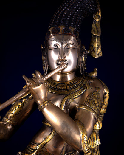 Pure Brass Kerala-Style Krishna Statue with Unique Crown – Three-Tone Finish 32 Inch