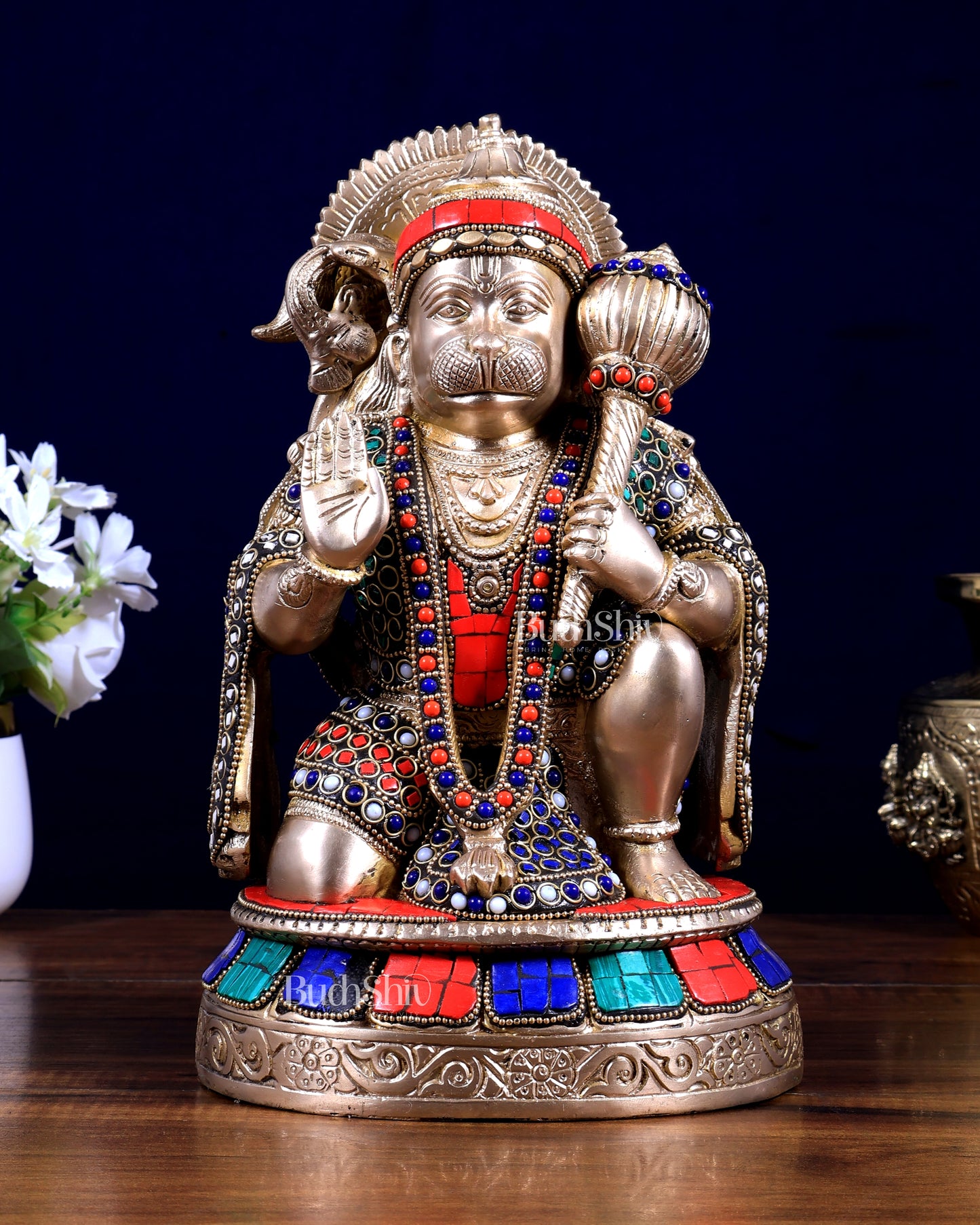 Pure Brass Lord Hanuman Blessing Statue –  with stonework 10.5 inch