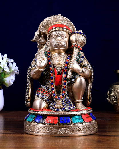 Pure Brass Lord Hanuman Blessing Statue –  with stonework 10.5 inch