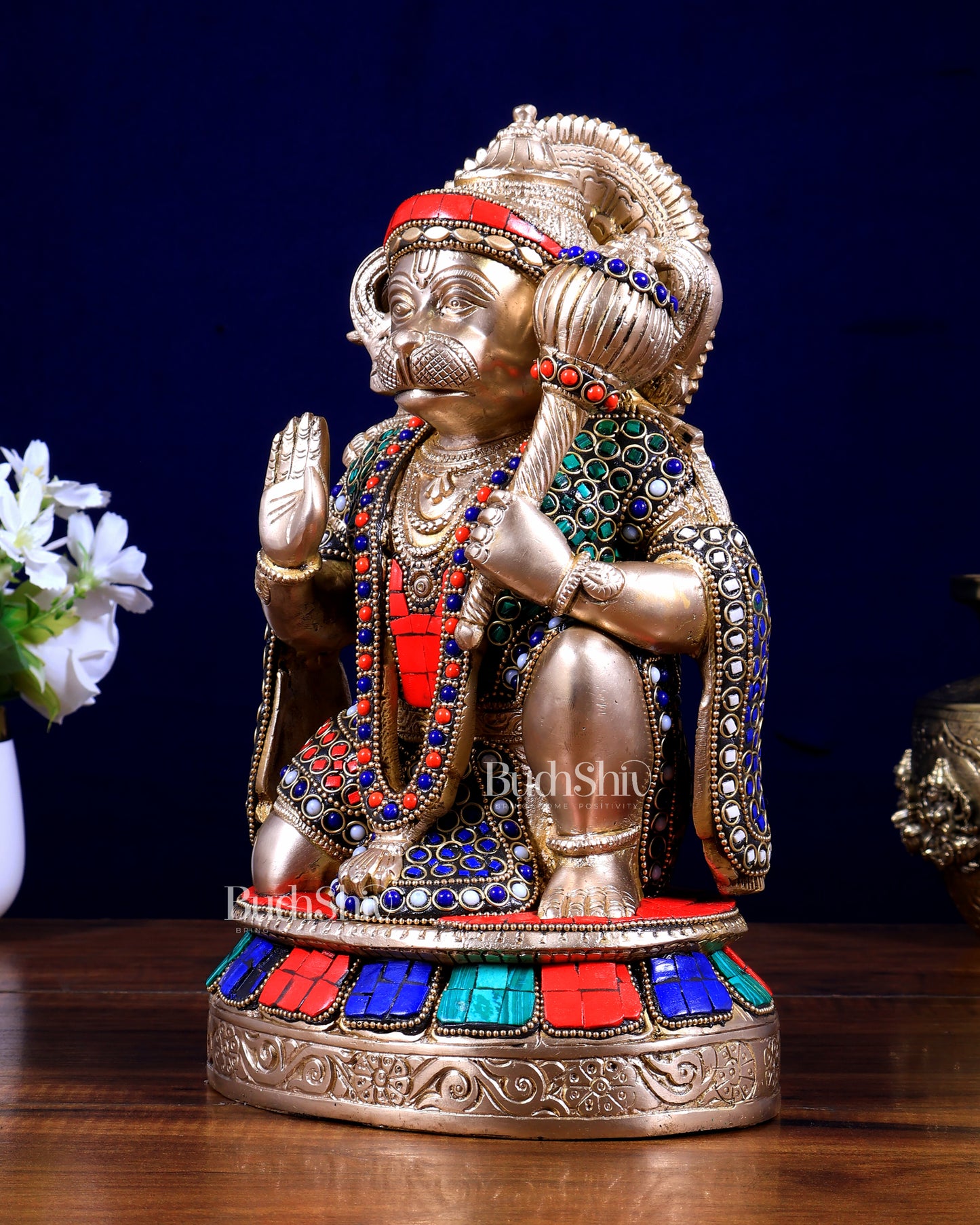 Pure Brass Lord Hanuman Blessing Statue –  with stonework 10.5 inch
