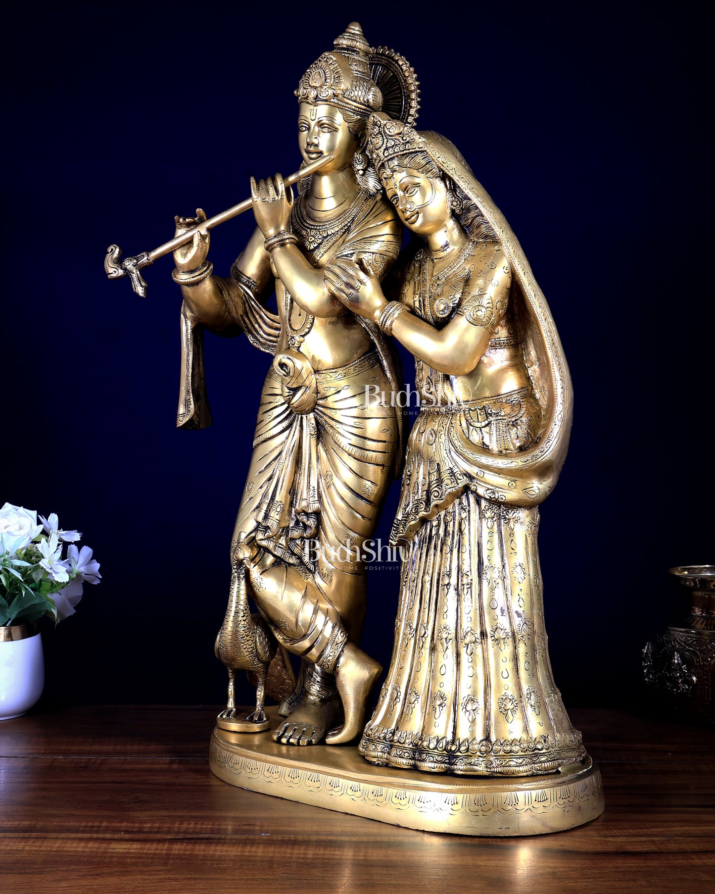 Brass Superfine Large Radha Krishna with peacock Standing Together Statue - 24"