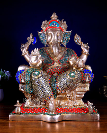 Ganesha Pure Brass statue with stonework - 18"