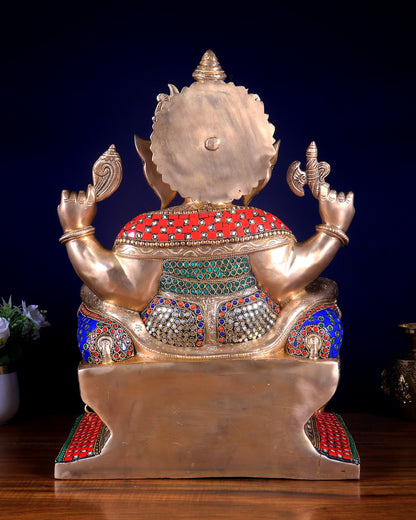 Ganesha Pure Brass statue with stonework - 18"