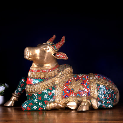 Handcrafted Brass Nandi Bull Statue with Stonework 35 inch
