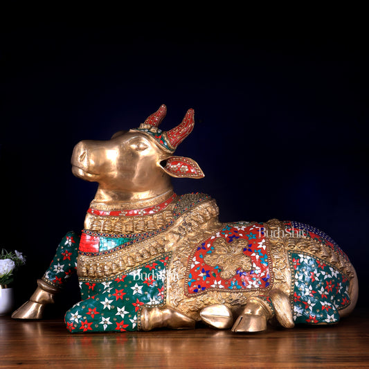 Handcrafted Brass Nandi Bull Statue with Stonework 35 inch