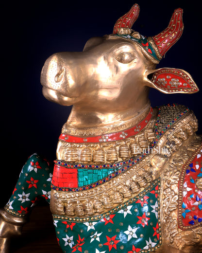 Handcrafted Brass Nandi Bull Statue with Stonework 35 inch