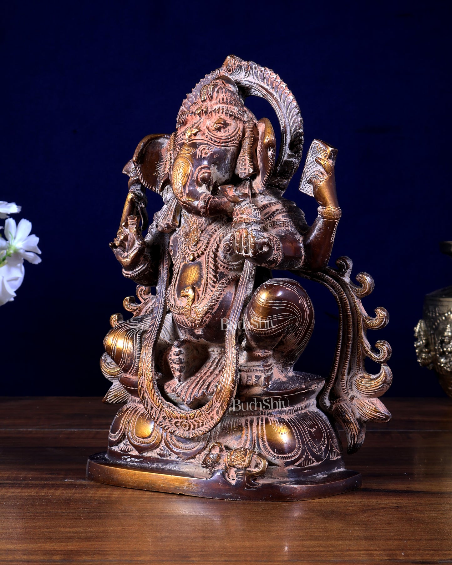 Brass Vintage Ganesha Statue | 10" Sand Finish, 4.25 kg