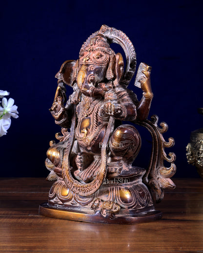 Brass Vintage Ganesha Statue | 10" Sand Finish, 4.25 kg